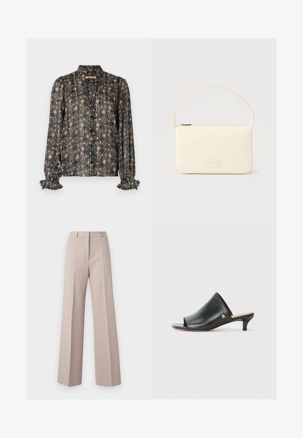 Mønstret sort bluse med diamantformer i beige, grå og sort. Har en høj krave, knaplukning og flæseærmer.; Beige vide bukser lavet af et glat stof, med høj talje, forkantede folder og en skræddersyet silhuet.; Sorte læder open-toe mules med en lav hæl. Har en glat overflade og et guld logo-prim på siden.; Kremfarvet rektangulær håndtaske med en enkelt rem og lynlås øverst, med en lille præget logo-plakette foran.