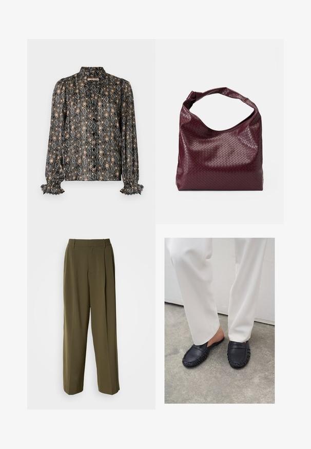Gecombineerde zwarte blouse met ruitpatronen in beige, grijs en zwart. Beschikt over een hoge kraag, knoopsluiting en gerimpelde manchetten.; Olijfgroene wijde broek van een gladde stof, met een hoge taille, plooien aan de voorkant en zijzakken voor functionaliteit.; Persoon draagt witte broek en zwarte leren instappers en staat op een betonnen vloer.; Bordeauxrode tas met een gestructureerd, geweven patroon, zacht leermateriaal en een enkele, geknoopte handgreep. Ruim, hobo-stijl ontwerp.