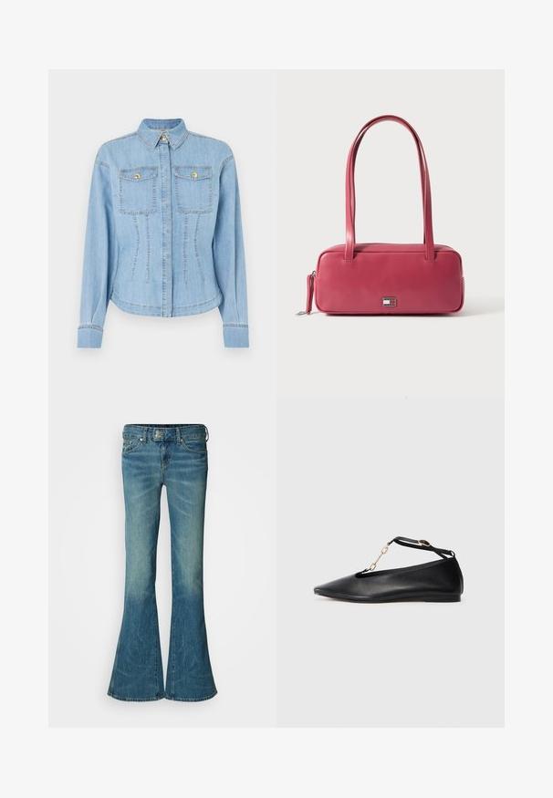 Chaqueta de denim azul claro con cierre de botones, dos bolsillos en el pecho y detalles en dorado. Presenta un corte estructurado y un cuello estándar.; Jeans de denim azul acampanados con un acabado desgastado, que cuentan con un diseño clásico de cinco bolsillos y un cierre de botón metálico en la cintura.; Bailarinas de cuero negro con punta afilada, diseño cortado, tira en el tobillo y detalle de cadena dorada. Textura suave, tacón minimal.; Bolso de mano de cuero rosa con forma rectangular, asas dobles y un pequeño emblema metálico en el frente, con una textura lisa y brillante.