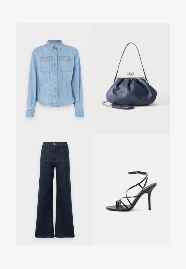Lyseblå denimjakke med knaplukning foran, to brystlommer og guld detaljer. Har en struktureret pasform og standard krave.; Mørkeblå flagrende jeans lavet af denim med høj talje, der har to baglommer og kontrasterende syninger langs sømmene.; Sort højhælet sandal med tynde stropper, en ankelspænde, en glat læderoverflade og en slank stilethæl.; Blød navyblå læderhåndtaske med sølv lukning, enkelt skulderrem og aftagelig kæde til håndleddet på hvid baggrund.
