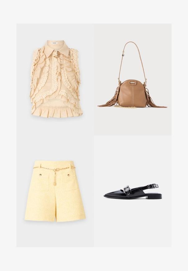 sandro CHEMISE - Skjortebluser - beige; Gule shorts med struktur og høj talje, frontlommer og et tyndt guldkædebælte med cirkulære charms.; Sort laklæder flat sko med spids tå, dobbelte sølvspænder og slingback-hæl på hvid baggrund.; Lille tanfarvet læder skuldertaske med lang rem, guldkæde detalje og frynser på begge sider mod en neutral baggrund.