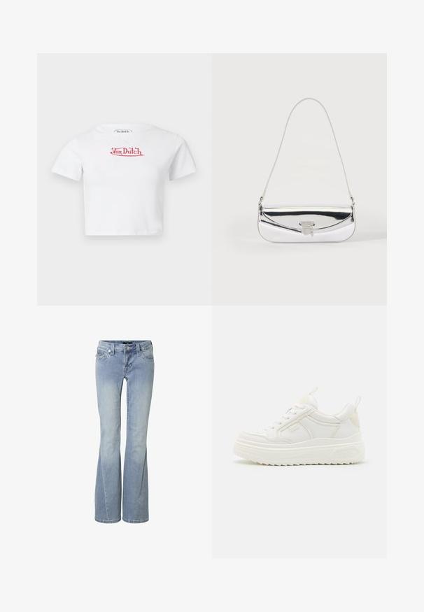 T-shirt blanc court à manches courtes avec logo rouge "Von Dutch" centré sur la poitrine sur fond uni.; Jean en denim bleu clair avec légère décoloration, design à cinq poches, fermeture avant par bouton et fermeture éclair, et coupe droite.; Baskets en cuir blanc avec une semelle épaisse, design à lacets et branding subtil. Présentent une texture lisse et un bout arrondi.; Petit sac à épaule argenté avec une fine bandoulière et un rabat avant sécurisé par un fermoir métallique.