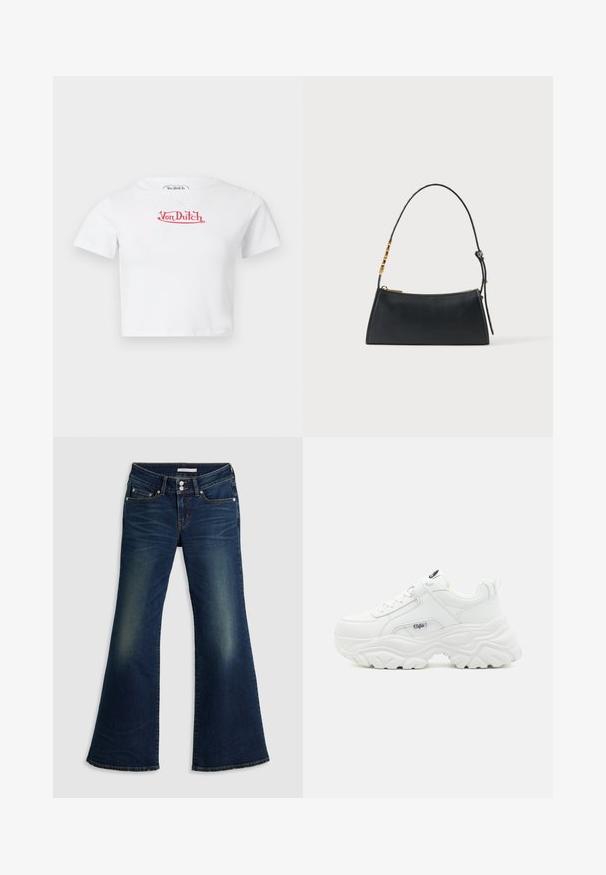 T-shirt blanc court à manches courtes avec logo rouge "Von Dutch" centré sur la poitrine sur fond uni.; Jean flare super bas en denim bleu foncé avec poches avant et arrière, fermeture à double bouton et détails décolorés sur les cuisses et les genoux.; Des sneakers blancs chunky avec un dessus en cuir lisse, un bout rond et une semelle épaisse texturée avec un logo de marque visible sur le côté.; Sac à main en cuir noir avec une fermeture éclair dorée et une bandoulière ajustable présentant des détails rectangulaires dorés sur fond blanc.