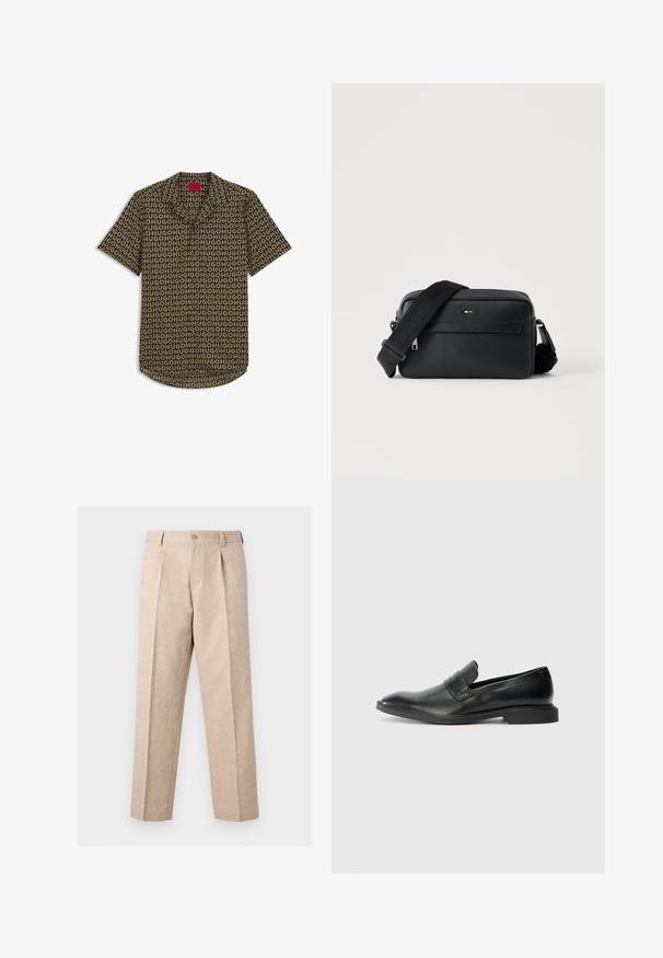 Chemise à manches courtes boutonnée avec motif répétitif du logo HUGO en marron et noir, dotée d’un col camp et d’une étiquette rouge à l’intérieur.; Pantalon beige à jambes droites avec plis, fermeture par bouton, passants pour ceinture et coupe ajustée.; Mocassins en cuir noir avec une texture lisse, un nez pointu et un petit talon rectangulaire. Présente un détail de bande horizontale sur le dessus.; Sac bandoulière en cuir noir texturé avec poche avant zippée et bandoulière large en tissu réglable sur fond blanc.