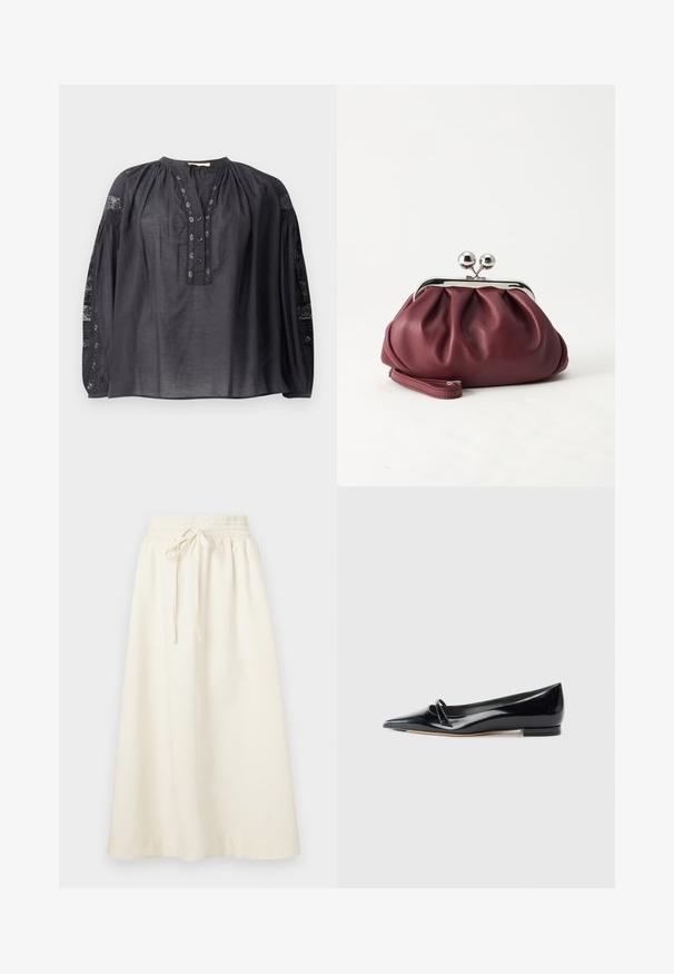 Blouse noire à manches longues en tissu léger, avec une patte de boutonnage devant, un col plissé et des accents en dentelle sur les manches.; Soulland MEIR SKIRT - Jupe longue - white; Chaussure plate en cuir verni noir avec un bout pointu, une petite lanière décorative et un petit talon carré. Texture lisse et design épuré.; Petit sac pochette en cuir bordeaux avec fermoir métallique argenté et bracelet sur fond blanc.