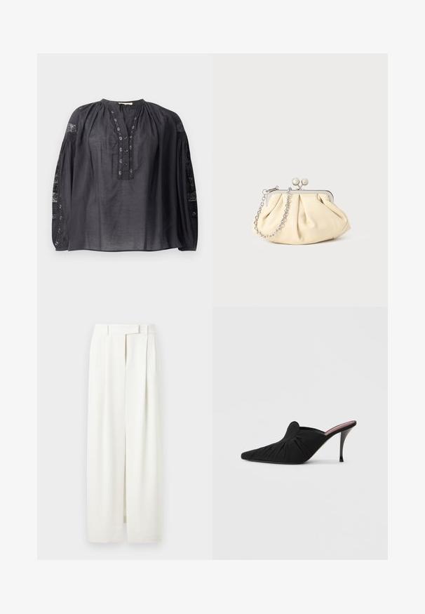 Blouse noire à manches longues en tissu léger, avec une patte de boutonnage devant, un col plissé et des accents en dentelle sur les manches.; Pantalon blanc à jambes larges avec plis, passants pour ceinture et fermeture avant cachée, présenté sur un fond uni.; Mule noir à talon haut avec bout pointu, tissu doux à texture froncée sur le devant et talon aiguille fin.; Pochette en cuir beige plissé avec un cadre en métal argenté, dotée de deux fermoirs ronds décoratifs et d'une chaîne en argent.