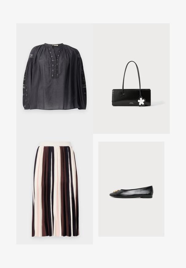 Blouse noire à manches longues en tissu léger, avec une patte de boutonnage devant, un col plissé et des accents en dentelle sur les manches.; Jupe plissée à rayures verticales dans des nuances de marron foncé, rose clair et crème, avec une taille ajustée et un tissu doux et texturé.; Chaussure plate en cuir noir avec un bout pointu et un détail décoratif doré sur le devant, vue de profil gauche sur fond uni.; Sac à main en cuir verni noir de forme rectangulaire, avec de fines poignées et un charm en forme de fleur décoratif. Présente une marque logo à l'avant.