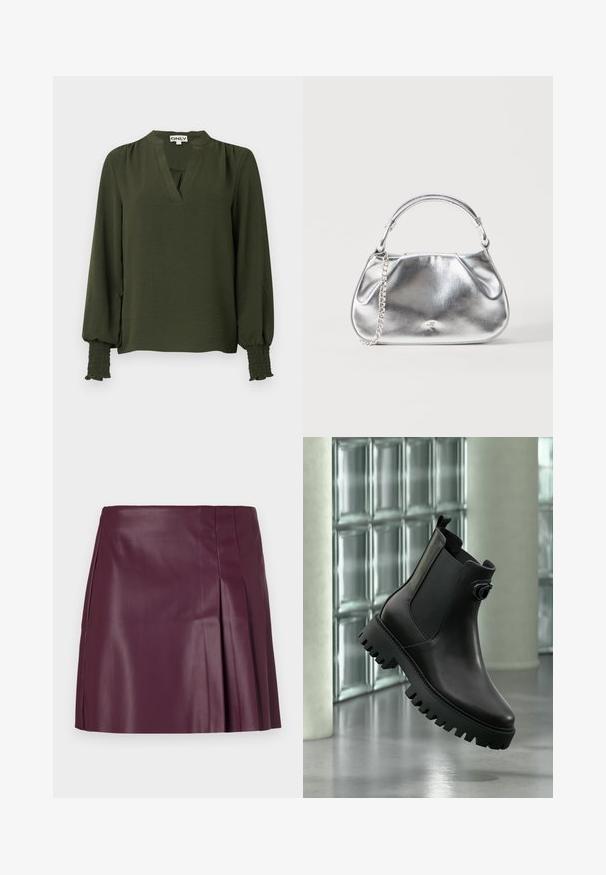 Blusa de manga larga de color verde oscuro con escote en V, hombros fruncidos y puños elásticos fruncidos en las mangas.; ONLY ONLARTZY Short - Minifalda - mauve wine; Botín negro de cuero con suela de taco grueso y panel elástico lateral, sobre fondo de bloques de vidrio y hormigón.; Pequeño bolso metálico plateado con un asa corta y un detalle de correa de cadena sobre un fondo blanco liso.