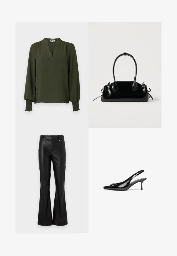 Blouse à manches longues vert foncé avec col en V, épaules froncées et poignets élastiques smockés aux manches.; Pantalons évasés noirs en simili cuir lisse et brillant, avec une taille ajustée et des passants de ceinture. Présente un design minimaliste et des lignes épurées.; Escarpins slingback en cuir verni noir avec un bout pointu et une finition brillante. Présente un talon fin et un accent arrondi au dessus du pied.; Petit sac à main noir brillant avec deux longues anses et des détails à cordon sur les côtés sur un fond clair uni.