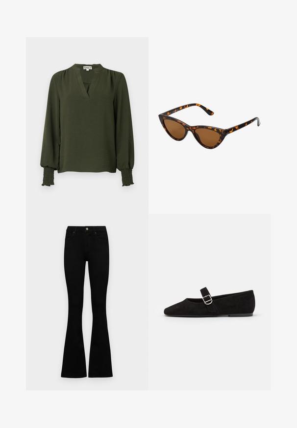 Blouse à manches longues vert foncé avec col en V, épaules froncées et poignets élastiques smockés aux manches.; Jean noir taille haute avec fermeture à bouton et à zip, poches avant et jambes évasées, posés à plat sur un fond blanc.; Chaussures plates en suède noir avec un bout pointu, ornées d'une sangle unique avec une boucle en argent sur le dessus. Texture douce et profil bas.; Lunettes de soleil style œil de chat avec une monture en écaille de tortue noire et orange, verres marron et pointes effilées et élégantes. Présente un logo minimaliste sur la branche.