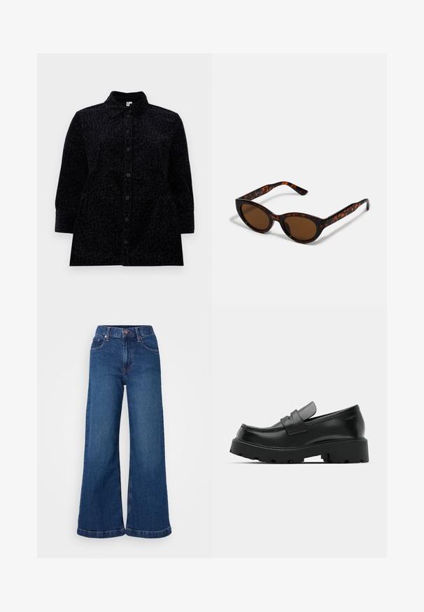 Chemise noire à boutons avec un subtil imprimé léopard, dotée d'un col, de manches longues et d'une silhouette légèrement évasée avec des poches latérales.; Jean en denim à jambes larges, de couleur bleu foncé, avec une taille haute, un design à cinq poches et des ourlets retroussés. Texture lisse avec des détails de couture discrets.; Mocassins en cuir noir avec une semelle épaisse et texturée, dotés d'une sangle sur le vamp et d'une finition lisse et polie.; Lunettes de soleil en écaille de tortue marron avec une forme vintage de lunettes cat-eye et des verres marron. Présente des branches courbées avec des accents rouges.