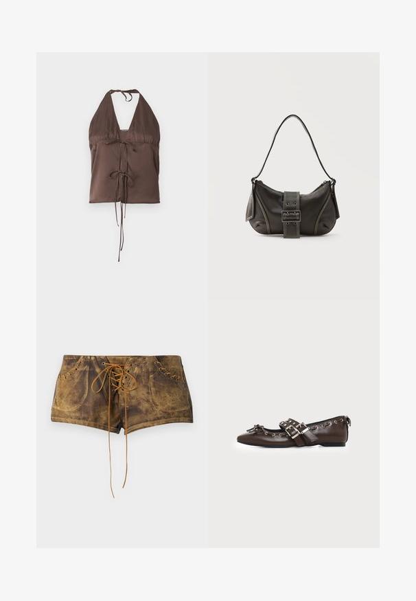 Haut halter brun en tissu lisse, doté d'un décolleté en V profond, de bretelles ajustables à nouer et d'un détail à nouer à l'avant pour un effet ajusté.; Shorts marron à lacets avec une surface texturée et des lacets contrastants beiges. Présente des œillets et une coupe ajustée pour un aspect snug.; Chaussure plate en cuir marron foncé avec bout pointu, doubles brides à boucles argentées, œillets métalliques et nœud décoratif à l'avant.; Sac à épaule en cuir noir avec une sangle à boucle, des bords arrondis et des coutures blanches contrastées sur un fond uni.
