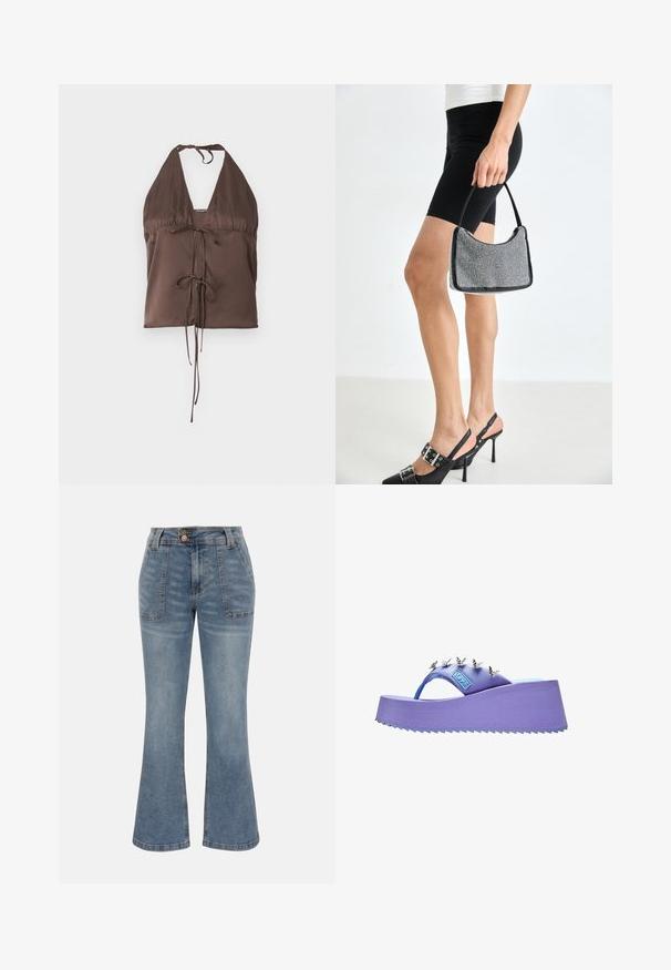 Haut halter brun en tissu lisse, doté d'un décolleté en V profond, de bretelles ajustables à nouer et d'un détail à nouer à l'avant pour un effet ajusté.; Jean en denim bleu à taille haute, poches plaquées à l'avant, fermeture par bouton et zip, et une silhouette de jambe légèrement évasée.; Sandale plateforme violette avec décorations papillon argentées sur la bride et semelle texturée.; Sac à main à perles noires avec une silhouette courbée, une poignée de transport et une texture brillante. Porté avec des chaussures à talons hauts noires et un short noir ajusté.