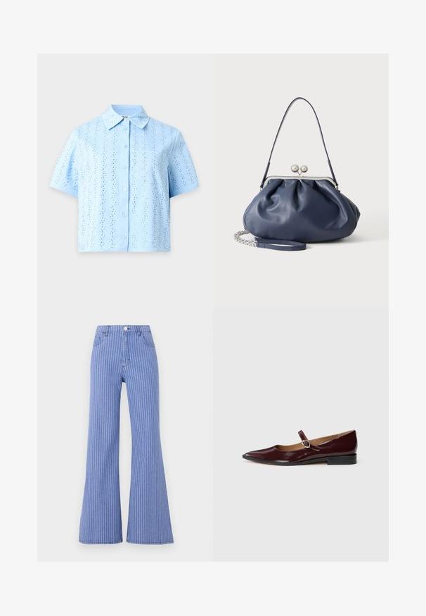 Light blue short-sleeve button-up shirt with a pointed collar and vertical perforated patterns throughout the fabric.; Blue high-waist wide-leg pants with white vertical pinstripes, front button closure, and front pockets on a light background.; Burgundy patent leather Mary Jane flats with a pointed toe, flat heel, and a decorative strap with a circular buckle accent.; Soft navy blue leather handbag with silver clasp closure, single shoulder strap, and detachable chain wrist strap on white background.