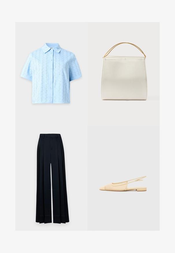 Light blue short-sleeve button-up shirt with a pointed collar and vertical perforated patterns throughout the fabric.; Navy blue wide-leg trousers with high waist, belt loops, front pleats, and a straight hem.; Slingback flat shoe in light beige with a mesh upper, pointed toe, and a low heel. Features an adjustable strap for fit.; Structured handbag in satin finish, cream color, with a chain shoulder strap. Features a flat, smooth texture and clean seams.