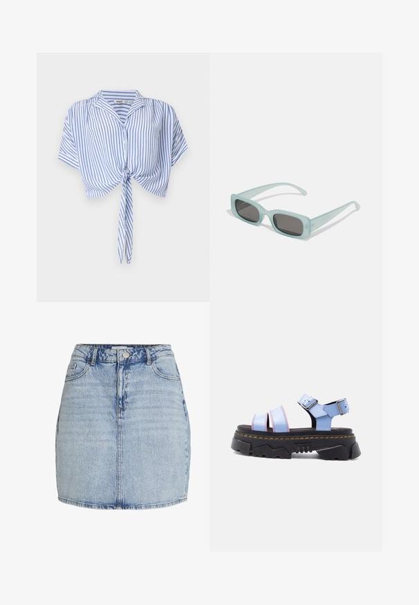 Μπλε και λευκό crop top με κάθετες ρίγες, κοντά μανίκια, κουμπιά, γιακά και φιόγκο στο μπροστινό μέρος.; Ανοιχτό μπλε τζιν μίνι φούστα με μπροστινό κουμπί και φερμουάρ, θηλάκια για ζώνη και μπροστινές τσέπες.; Πλατφόρμες σανδάλια με χοντρή σόλα, ανοιχτά μπλε λουράκια, μαύρη σόλα, κίτρινο ρέλι και δύο ασημί αγκράφες σε λευκό φόντο.; Ενα ζευγάρι ορθογώνια γυαλιά ηλίου με ανοιχτό μπλε ημιδιαφανείς σκελετούς και σκούρους γκρι φακούς, διαθέτοντας ίσιες βραχίονες και ελάχιστες λεπτομέρειες υλικών.
