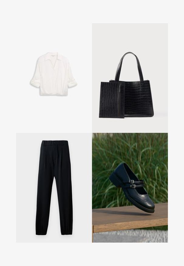 Blouse blanche à manches longues avec col, boutons sur le devant et manches retroussées, présentée sur un fond uni.; Pantalons noirs à taille élastique avec fermeture à bouton, design à jambe droite et poignets froncés. Fabriqués dans un tissu lisse et léger.; Chaussure Mary Jane en cuir noir avec doubles brides bouclées et détails brogue, flottant au-dessus d'un banc en bois avec en arrière-plan de l'herbe verte.; Sac cabas noir avec motif crocodile, présentant une texture lisse et deux poignées robustes. Comprend une pochette zippée détachable.