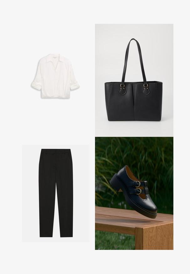 Blouse blanche à manches longues avec col, boutons sur le devant et manches retroussées, présentée sur un fond uni.; Pantalon noir au design ajusté, doté de poches latérales et d'une jambe droite. Fabriqué en tissu lisse et léger avec une finition élégante.; Chaussure noire en cuir à double boucle avec des détails perforés flottant au-dessus d'un banc en bois à l'extérieur avec de l'herbe verte et des plantes en arrière-plan.; Sac fourre-tout noir en simili cuir avec une finition texturée, deux longues poignées et des accents en métal doré sur le côté. Shape rectangulaire.