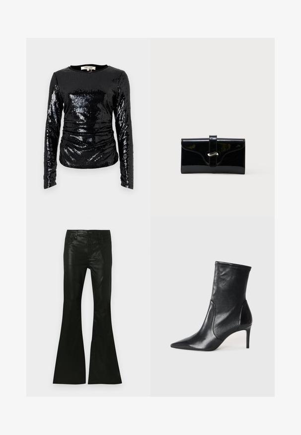 Haut noir à manches longues avec un motif à sequins et une texture légèrement froncée, col rond. Tissu lisse sous les sequins.; Pantalon évasé noir en matériau brillant, doté d'une taille ajustée, d'un design à cinq poches et d'une fermeture à bouton à l'avant.; Bottes noires à la cheville en cuir lisse, dotées d'un bout pointu, d'un tige ajustée et d'un talon haut fin. Design minimaliste sans quincaillerie visible.; Portefeuille rectangulaire brillant noir avec une sangle frontale et une fermeture à boucle en métal argenté, présenté sur un fond blanc uni.