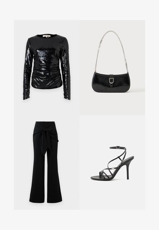 Haut noir à manches longues avec un motif à sequins et une texture légèrement froncée, col rond. Tissu lisse sous les sequins.; Pantalons larges noirs avec un détail de lien à la taille. Fabriqués en tissu doux, avec une texture lisse et des lignes épurées. Ourlet légèrement évasé.; Sandale noire à talons hauts avec des brides fines, une boucle à la cheville, une surface en cuir lisse et un talon aiguille élancé.; Sac à épaule en cuir verni noir avec détail de boucle argentée et bandoulière en chaîne argentée, présenté sur un fond uni clair.
