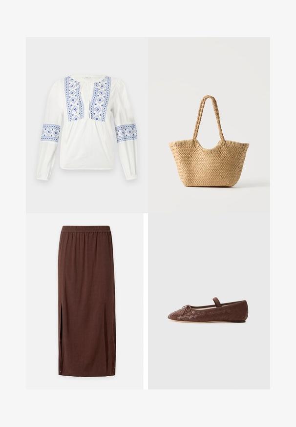Weiße Bluse mit blauen bestickten Mustern an den Ärmeln und an der Vorderseite, mit einem runden Ausschnitt und langen Ärmeln mit elastischen Bündchen.; Brauner Midirock mit elastischem Bund und seitlichen Schlitzen, aus leichtem Stoff gefertigt.; Braune gewobene Leder-Ballerinas mit runder Zehe, kleiner Schleifenakzent und elastischem Riemen über dem Knöchel für einen sicheren Sitz.; Gewebte Strohtasche mit breitem Boden, geflochtenen Griffen und natürlicher beiger Farbe auf schlichtem weißem Hintergrund.