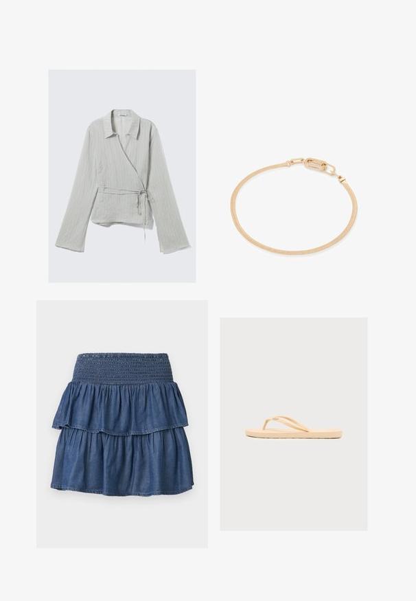 Haut cache-cœur gris clair à manches longues, rayures verticales, col à revers et lien à la taille. Confectionné dans un tissu doux et texturé.; Jupe en jean bleue à volants avec une large ceinture smockée et deux couches froncées sur un fond uni.; Une sandale flip-flop beige unique avec de fines brides sur un fond blanc uni, vue de profil.; Bracelet en mesh doré avec une texture lisse, doté d'un fermoir sécurisé et d'une gravure subtile. Design simple et circulaire avec une finition brillante.