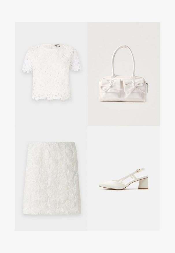 Top en dentelle blanche présentant des motifs floraux, des manches courtes, un décolleté rond et un ourlet délicatement ondulé. Se ferme avec une fermeture éclair dans le dos.; Jupe mini blanche avec une surface texturée ornée de motifs floraux en relief ressemblant à des roses, fabriquée en tissu léger.; Chaussure slingback blanche à petit talon bloc, bout pointu, fine bride réglable et boucle dorée sur fond uni.; Sac à main synthétique blanc avec deux poches avant, chacune ornée d'un nœud noué. Texture lisse, anses arrondies et fermeture zippée.