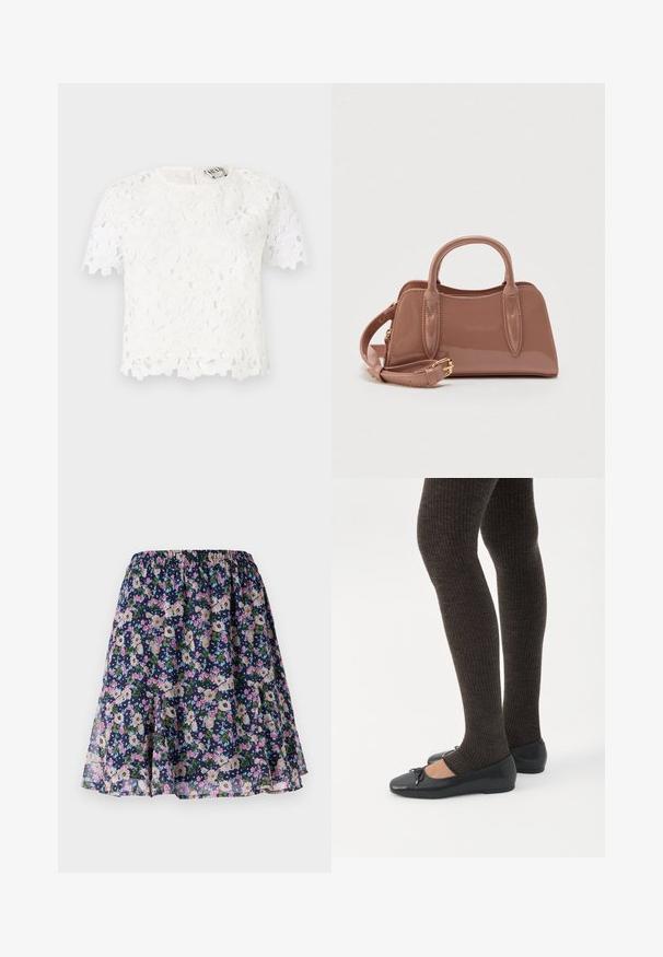 Top en dentelle blanche présentant des motifs floraux, des manches courtes, un décolleté rond et un ourlet délicatement ondulé. Se ferme avec une fermeture éclair dans le dos.; Jupe florale avec une taille élastique. Présente un fond bleu marine foncé avec des motifs de fleurs roses, blanches et vertes. Tissu fluide et léger.; Jambes portant des leggings côtelés foncés associés à des ballerines noires avec de petits détails en nœud sur fond blanc.; Sac à main brillant couleur rose avec deux poignées supérieures, une bandoulière détachable et des détails de couture décorative. Forme compacte et structurée.