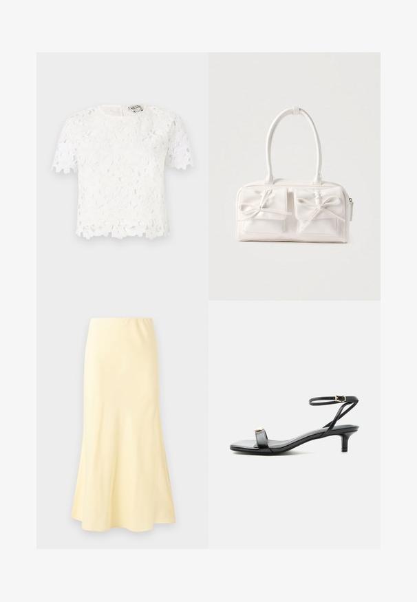 Top en dentelle blanche présentant des motifs floraux, des manches courtes, un décolleté rond et un ourlet délicatement ondulé. Se ferme avec une fermeture éclair dans le dos.; Jupe longue jaune pâle avec un léger évasement en bas, présentant une texture lisse et une taille élastique.; Sandale noire en cuir à bout ouvert avec petit talon kitten, fine bride de cheville avec boucle dorée et accent décoratif doré sur la bride avant.; Sac à main synthétique blanc avec deux poches avant, chacune ornée d'un nœud noué. Texture lisse, anses arrondies et fermeture zippée.