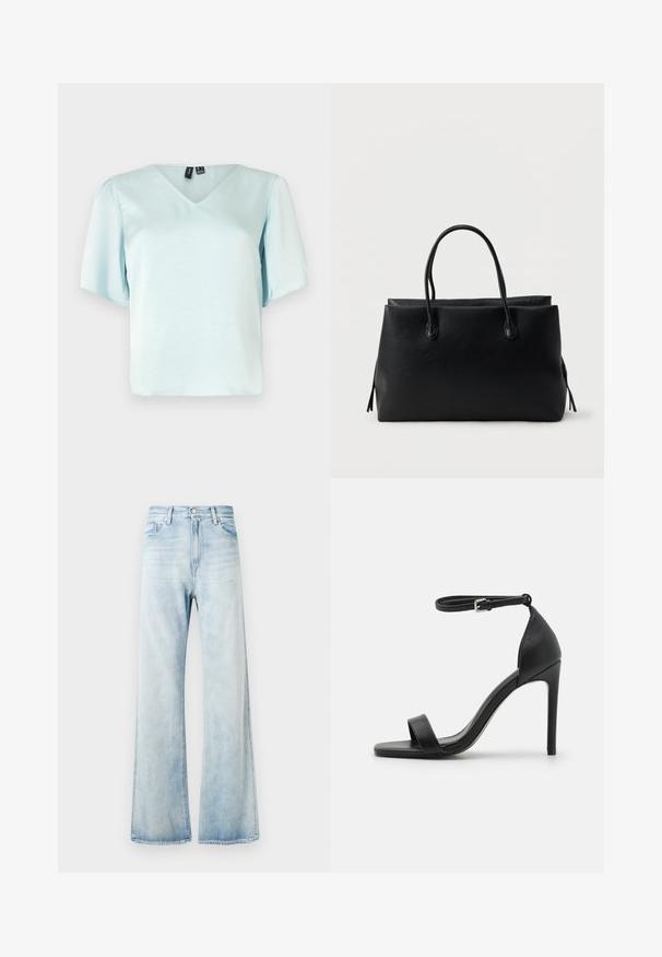 Blouse bleu clair à col en V avec des manches bouffantes courtes, fabriquée en tissu lisse, présentant une coupe décontractée et sans motifs ni ornements visibles.; Jean évasé en denim bleu clair avec une taille haute, des poches avant et une fermeture par bouton. Fini délavé avec une texture lisse et des bords ourlés.; Sandale noire à talons hauts au design épuré, avec une bride au niveau de la cheville, un bout ouvert et une texture en cuir lisse.; Sac cabas en cuir noir avec deux poignées, forme rectangulaire, et une surface simple texturée sur un fond blanc uni.