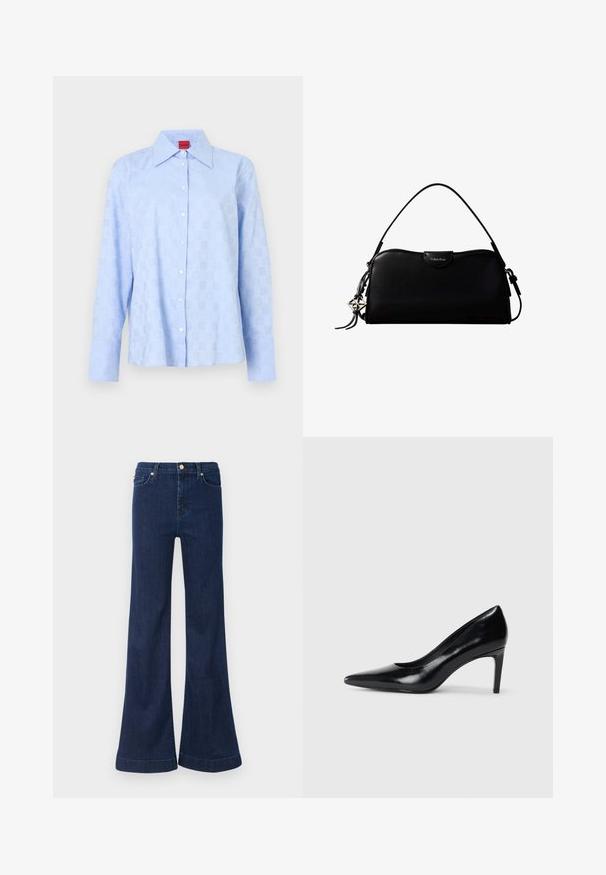 Chemise bleu clair à manches longues avec un col à boutons, un motif discret en relief et des boutons blancs sur la patte de boutonnage avant.; Jean flare bleu foncé en denim, doté d'une taille haute, d'un léger délavage et de finitions en doré sur les poches avant et le système de fermeture.; Chaussure à talon haut en cuir noir avec un bout pointu, texture lisse et un talon effilé. Design minimaliste, sans embellissements supplémentaires.; Sac à main rectangulaire noir Calvin Klein avec une seule sangle supérieure, un charm logo argenté et une petite fermeture à rabat sur le devant.