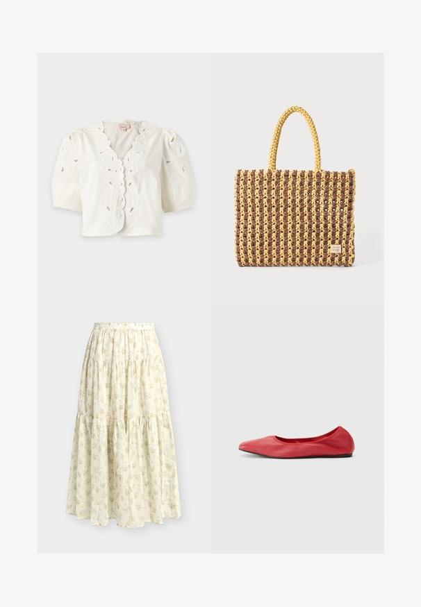 Blouse blanche à manches courtes avec bords festonnés, broderie florale ajourée, boutons sur le devant et manches bouffantes.; Jupe longue à volants crème en tissu léger, imprimé floral subtil en jaune doux et vert, avec taille élastique.; Filippa K REY FLATS - Ballerines - bright red; Sac tissé marron et jaune, de forme rectangulaire, avec deux poignées, et une finition texturée avec des coutures visibles et une étiquette de marque.