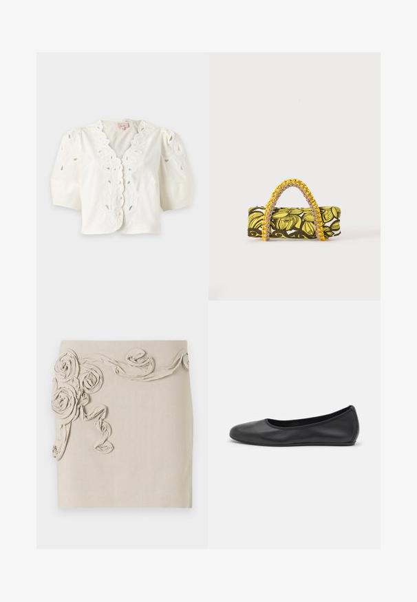 Blouse blanche à manches courtes avec bords festonnés, broderie florale ajourée, boutons sur le devant et manches bouffantes.; Jupe en lin beige présentant des appliqués en rosettes de tissu texturé et des détails de ruban enroulé pour un effet dimensionnel. Finition lisse.; Ballerines en cuir noir avec un bout rond, texture lisse, détails de couture minimalistes et design de semelle flexible.; Sac rectangulaire avec motif floral jaune et noir et anse tressée jaune et rose sur fond blanc.