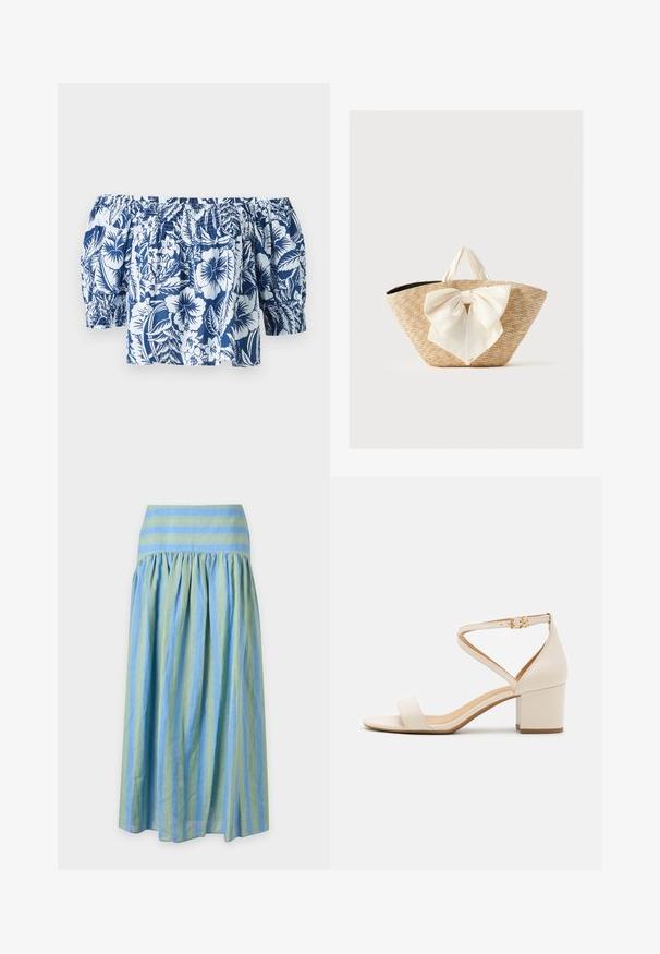 Blå og hvid blomsterret blouse med off-shoulder, der har puffærmer, samlet elastisk halsudskæring og en afslappet pasform med et tropisk design.; Lang nederdel med lodrette grønne og blå striber, samlet under et vandretstribet linning i matchende farver.; Beige blokhælede sandaler med et minimalistisk design, åben tå og justerbar ankelrem med en guldbelsningsdetalje. Glat tekstur.; Vævet stråtote taske med cremefarvede stofhåndtag og en stor dekorativ cremebue foran, mod en ensfarvet baggrund.
