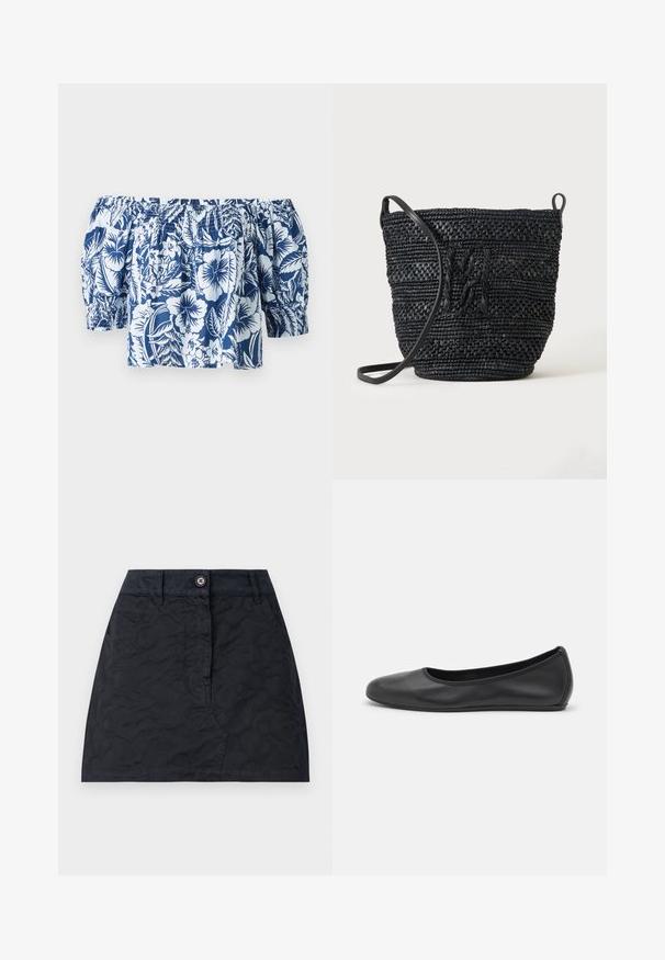 Blå og hvid blomsterret blouse med off-shoulder, der har puffærmer, samlet elastisk halsudskæring og en afslappet pasform med et tropisk design.; Sort nederdel med et struktureret mønster, der har en frontknaplukning, to lommer og en skræddersyet pasform. Fremstillet af slidstærkt stof.; Sort læderballetsko med rund tå, glat tekstur, minimal syning og et fleksibelt såldesign.; Sort flettet bucket taske med lang rem og tekstureret mønsterdetalje på en ensfarvet baggrund.