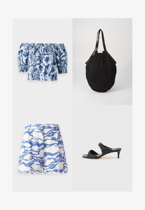 Blaue und weiße Blumen-Off-Shoulder-Bluse mit Puffärmeln, gerafftem elastischen Ausschnitt und lockerer Passform im tropischen Design.; Weiße Shorts mit blauem Wellenmuster, gewelltem Saum, leichtem Stoff, gefalteter Vorderseite und lockerer Passform. Geeignet für die Freizeit.; Schwarze Sandalen mit Absatz und eckiger Spitze aus glattem Leder. Verfügen über geraffte Riemen und einen schlanken Absatz für zusätzlichen Auftrieb.; Schwarze geflochtene Tragetasche in ovaler Form mit glatten Griffen und einem strukturierten netzähnlichen Design. Etikett auf der Seite sichtbar.