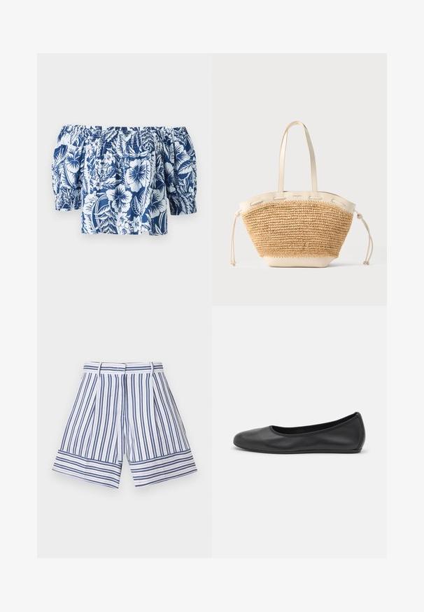Blå og hvid blomsterret blouse med off-shoulder, der har puffærmer, samlet elastisk halsudskæring og en afslappet pasform med et tropisk design.; Stribede shorts med blå og hvide lodrette striber, med bred afslutning og plisseret frontdesign. Lavet af letvægtsstof.; Sort læderballetsko med rund tå, glat tekstur, minimal syning og et fleksibelt såldesign.; Beige flettet stråtote taske med cremefarvede læderhåndtag, kant og snore sider på en lysegrå baggrund.