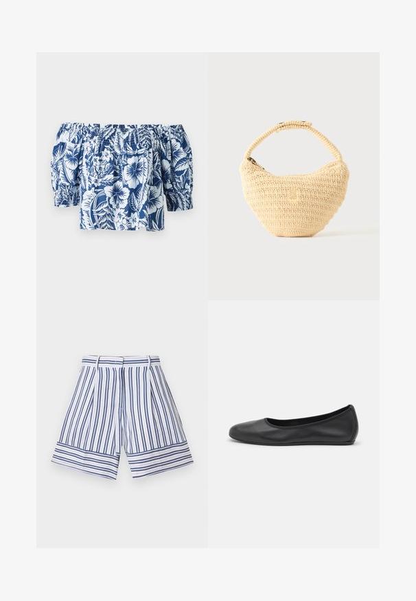 Blaue und weiße Blumen-Off-Shoulder-Bluse mit Puffärmeln, gerafftem elastischen Ausschnitt und lockerer Passform im tropischen Design.; Gestreifte Shorts mit blauen und weißen vertikalen Linien, einem breiten Saum und einem gefalteten Vorderdesign. Aus leichtem Stoff hergestellt.; Schwarze Leder-Ballettschuhe mit abgerundeter Spitze, glatter Textur, minimalen Nähdetails und einem flexiblen Sohlen-Design.; Beige gewebte Handtasche mit rundem Körper, Reißverschluss und kurzem, dickem Riemen in einfachem, strukturiertem Häkelstil.