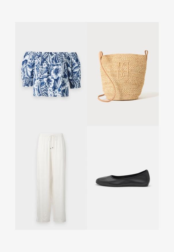 Blaue und weiße Blumen-Off-Shoulder-Bluse mit Puffärmeln, gerafftem elastischen Ausschnitt und lockerer Passform im tropischen Design.; Weiße, leichte, locker sitzende Hose mit elastischem Bund und Kordelzug. Hat einen dezenten Glanz und ein gerades Bein Design.; Schwarze Leder-Ballettschuhe mit abgerundeter Spitze, glatter Textur, minimalen Nähdetails und einem flexiblen Sohlen-Design.; Gewebte Strohbucket-Tasche mit strukturiertem Muster und Lederriemen, aufrecht stehend vor einem schlichten hellen Hintergrund.