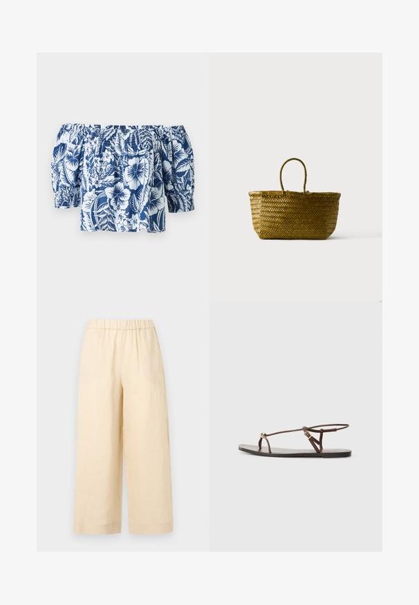 Blå og hvid blomsterret blouse med off-shoulder, der har puffærmer, samlet elastisk halsudskæring og en afslappet pasform med et tropisk design.; Beige bukser med vide ben og elastisk taljebånd uden synlige lommer, vist mod en ensfarvet lys baggrund.; Brun lædersandal med tynde remme, en gylden cirkulær detalje og en flad sål. Minimalistisk design med en justerbar spændedetalje.; Flettet halmtote-taske med et enkelt håndtag, afrundet rektangulært form og naturlig brun farve på en ensfarvet baggrund.
