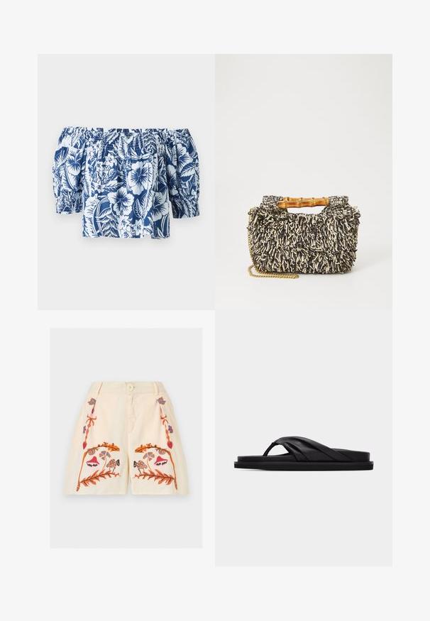 Blå og hvid blomsterret blouse med off-shoulder, der har puffærmer, samlet elastisk halsudskæring og en afslappet pasform med et tropisk design.; Kremfarvede shorts med frontknap, lynlås og broderede symmetriske blomster- og svampemønstre i orange, pink, blå og brun.; Sort flad sandal med polstret krydsrem og tåstolpe, minimalistisk design på ensfarvet lysegrå baggrund.; Vævet taske med et struktureret sort og creme mønster, bambushåndtag og en aftagelig guldkæde-strop. Kompakt rektangulær form.