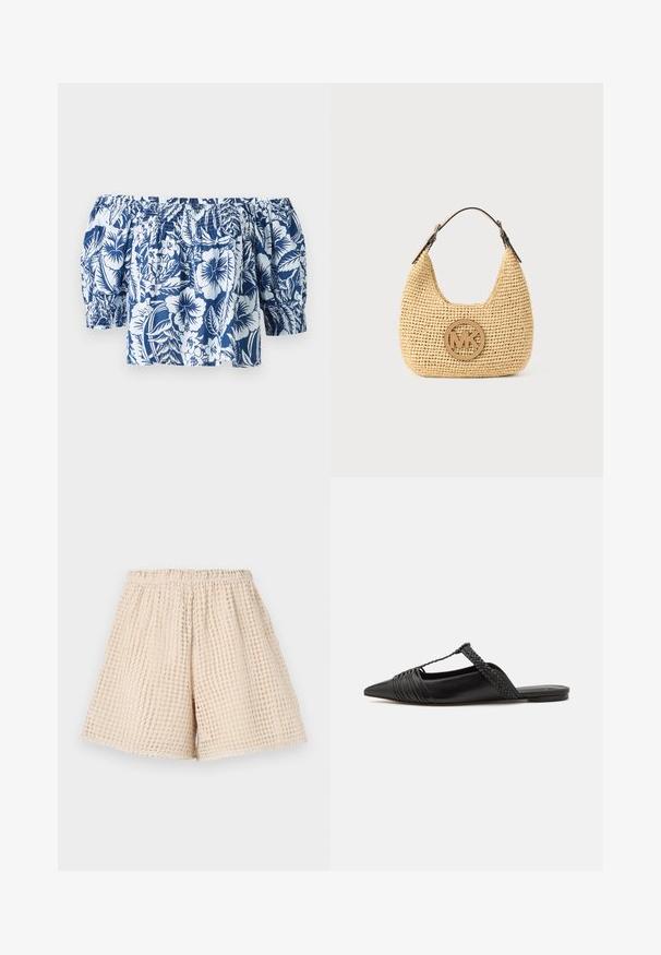 Blå og hvid blomsterret blouse med off-shoulder, der har puffærmer, samlet elastisk halsudskæring og en afslappet pasform med et tropisk design.; Beige shorts med et tekstureret, vaffelmønster. Elastisk talje og løs pasform. Længde til midten af låret. Letvægtsmateriale.; Sort læderslyngeback sko med spids tå, der har en vævet detalje og en plisseret overdel. Flad sål med minimal hardware.; Vævet beige håndtaske med rund form, justerbar mørkebrun rem og rundt "MK" logoemblem på forsiden i midten.