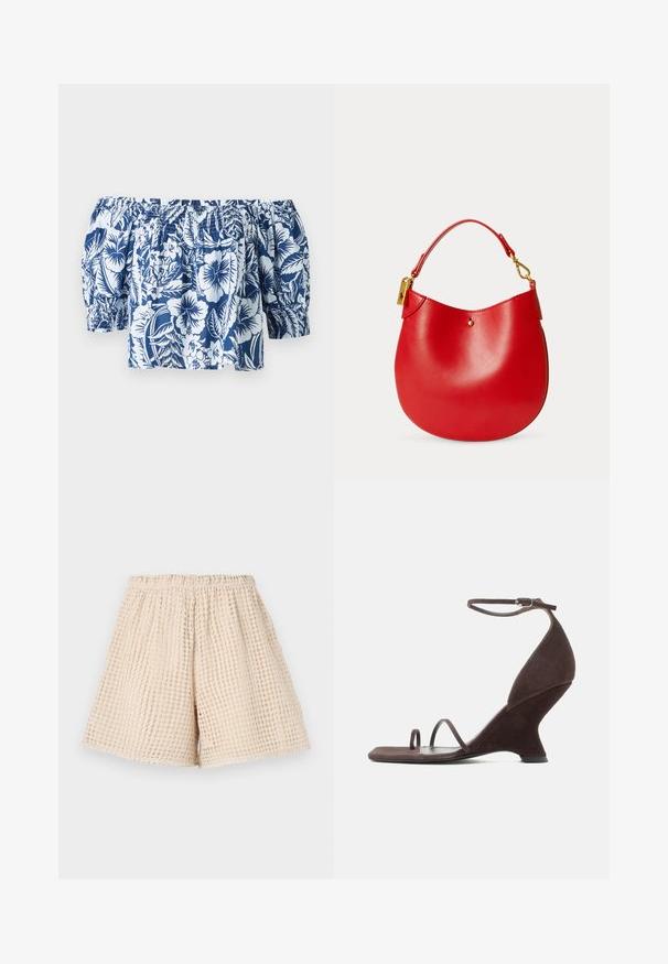 Blauw en witte bloemenoff-the-shoulder blouse met pofmouwen, gegatherde elastische halslijn en een losse pasvorm met een tropisch ontwerp.; Beige shorts met een gestructureerd, wafelachtig patroon. Elastische tailleband en losse pasvorm. Lengte tot halverwege de dij. Lichtgewicht materiaal.; Donkerbruine suède sandaal met hoge hak en gebeeldhouwde sleehak, enkelriem met gesp en twee smalle teenbandjes op een platte zool.; Rode leren handtas met een gebogen vorm, korte handgreep en gouden hardware accentueringen. Gladde textuur met een kleine ronde versiering aan de voorkant.