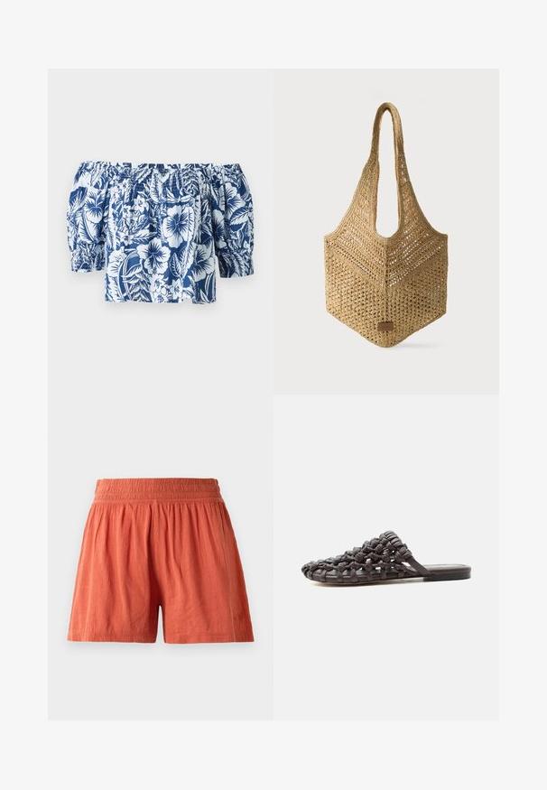 Blå og hvid blomsterret blouse med off-shoulder, der har puffærmer, samlet elastisk halsudskæring og en afslappet pasform med et tropisk design.; Terracotta shorts med elastisk talje, lavet af tekstureret stof, har en løs pasform og subtil branding på kanten.; Flad sort sandle med vævet læderoverdel og åben tå-design, hvilende på en hvid overflade.; Vævet beige mulepose med lange håndtag, åbenvævet mønster og en lille rektangulær læderlabel nederst foran.