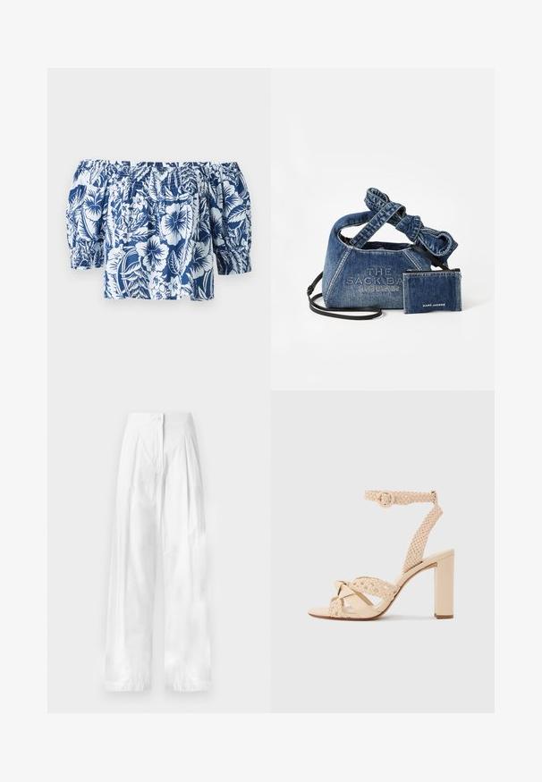 Blaue und weiße Blumen-Off-Shoulder-Bluse mit Puffärmeln, gerafftem elastischen Ausschnitt und lockerer Passform im tropischen Design.; Weiße, hochgeschnittene, weite Hose mit vorderen Falten und einem einzelnen Knopfverschluss am Bund.; Beige Sandalette mit hohen Absätzen, geflochtenen Riemen, Knöchelriemen mit Schnalle, offener Zehenpartie und Blockabsatz vor einem schlichten hellgrauen Hintergrund.; Denim-Handtasche mit geschwungener Form, geknotetem Gurt und geprägtem Branding. Enthält ein passendes Kartenetui aus Denim mit schwarzem Akzent.