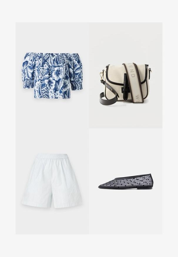 Blauw en witte bloemenoff-the-shoulder blouse met pofmouwen, gegatherde elastische halslijn en een losse pasvorm met een tropisch ontwerp.; Lichtblauwe gestreepte shorts met een elastische tailleband. Gemaakt van een gladde stof, met verticale witte strepen en een losse pasvorm.; Zwarte platte schoen met puntige neus, doorschijnende stof en zwart polkadotpatroon op een lichte achtergrond.; Schoudertas van crèmestof met zwarte biezen, een gesp aan de voorkant en een brede canvasriem met geweven tekst en leren details.
