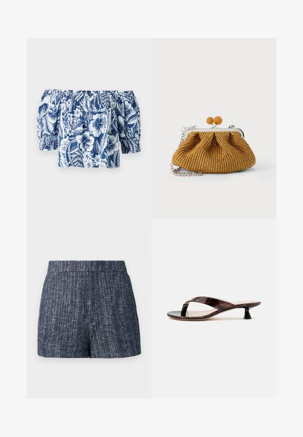 Blå og hvid blomsterret blouse med off-shoulder, der har puffærmer, samlet elastisk halsudskæring og en afslappet pasform med et tropisk design.; Mørkeblå shorts lavet af tekstureret stof, med et subtilt mønster og en flad talje. Minimalistisk design uden lommer.; Brun skildpaddeskal kitten heel sandal med snorrestram og firkantet tå på en ensfarvet lys baggrund.; Lille brun flettet clutch-pung med sølvmetalramme, to runde trælåse og en kort sølvkæderem på en hvid baggrund.