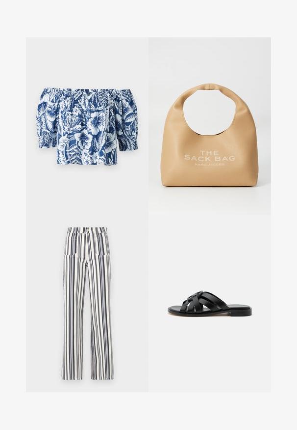Blauw en witte bloemenoff-the-shoulder blouse met pofmouwen, gegatherde elastische halslijn en een losse pasvorm met een tropisch ontwerp.; Gestreepte broek in donkerblauw en wit, met een hoge taille en wijde benen, gemaakt van een lichte stof met een gladde textuur.; Zwarte leren slide sandaal met gekruiste bandjes en een kleine hak, gezien van opzij tegen een effen witte achtergrond.; Beige leren handtas met een ronde handgreep, voorzien van de reliëftekst "THE SACK BAG MARC JACOBS" aan de voorkant. Gladde textuur, minimalistisch ontwerp.