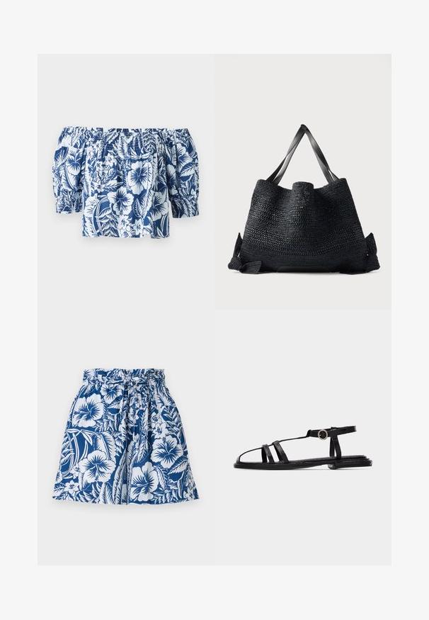 Blaue und weiße Blumen-Off-Shoulder-Bluse mit Puffärmeln, gerafftem elastischen Ausschnitt und lockerer Passform im tropischen Design.; Blaue und weiße Shorts mit Blumenmuster, einem elastischen Bund, einer Kordelzugdetails und einem ausgestellten Design. Hergestellt aus leichtem Stoff.; Schwarze flache Sandale mit dünnen Riemen, Knöchelschnalle und minimalistischem offenem Zehendesign auf hellem, einfachem Hintergrund.; Große schwarze gewebte Tragetasche mit breiten, flachen Griffen und offenem Oberteil vor einem schlichten hellen Hintergrund.