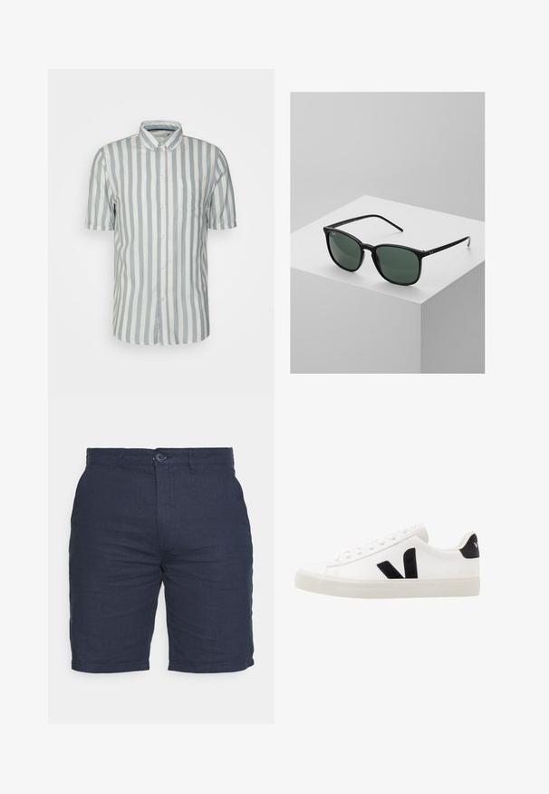 Chemise à manches courtes à boutons, rayures verticales bleu clair et blanches, en coton, poche poitrine unique, col classique et ourlet arrondi.; Shorts bleu marine en tissu texturé avec fermeture à bouton, présentant un devant plat et des poches latérales, conçus pour un ajustement décontracté.; Sneaker blanche en cuir avec des accents en daim noir ; dispose d'une semelle en caoutchouc, d'un bout rond et d'un design classique à lacets. Logo latéral en noir.; Lunettes de soleil rectangulaires noires avec des verres vert foncé, dotées d'une monture en plastique léger et d'accents argentés sur les branches.